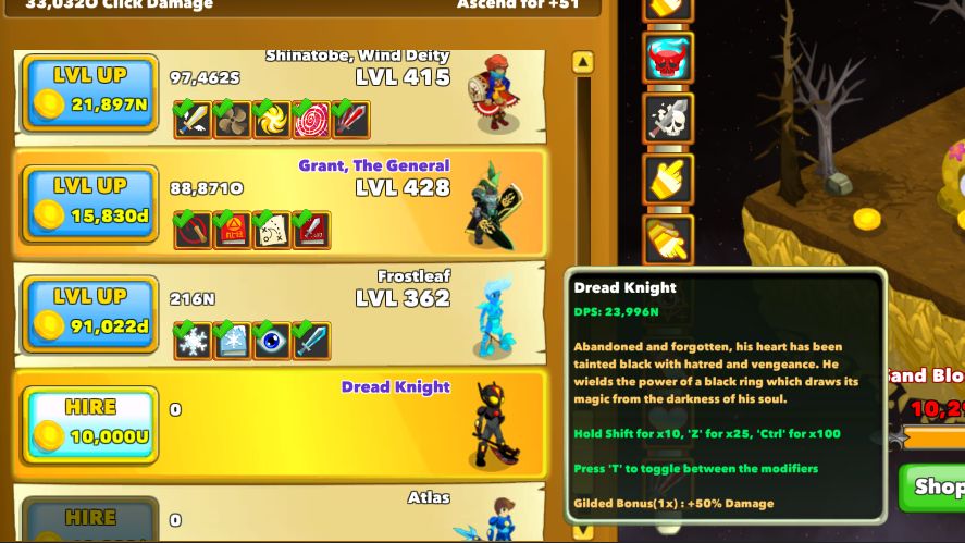 Frostleaf fully upgraded and Dread Knight hero
