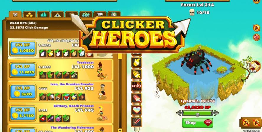 Clicker Heroes game screenshot showing hero upgrade menu on the left and a boss battle with a spider enemy on a floating island on the right.