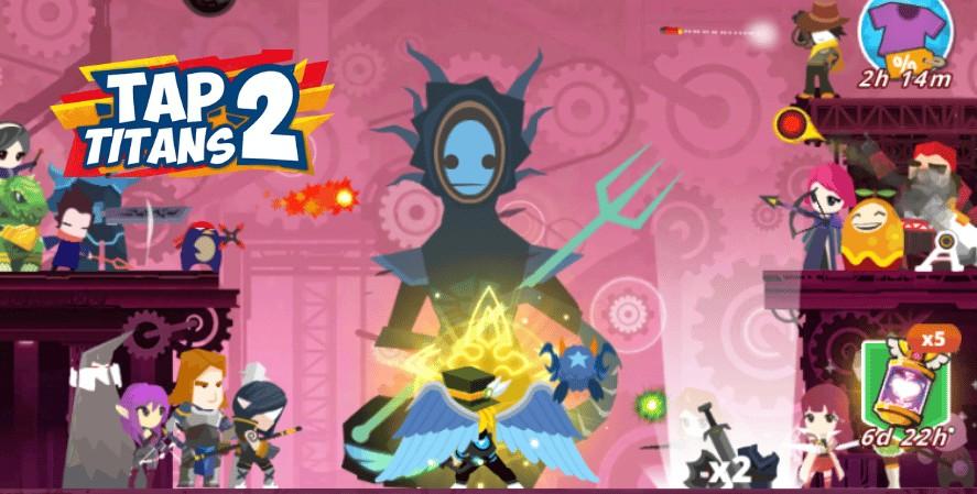 Tap Titans 2 game screenshot showing a boss battle with a large mechanical enemy in the center and characters attacking from both sides. Game interface displays reward timers and the game logo is in the top left corner.