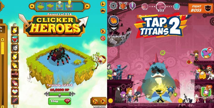 Side-by-side comparison of Clicker Heroes and Tap Titans 2 game screenshots. Clicker Heroes shows a spider boss on a floating island, while Tap Titans 2 displays a battle with a large masked enemy in a pink mechanical environment.