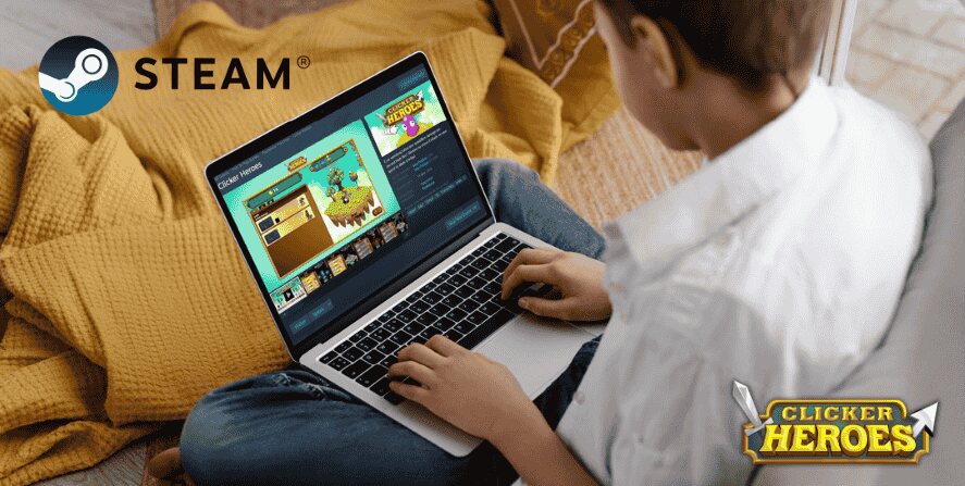 Person sitting comfortably and browsing the game page on Steam using a laptop, with Steam and Clicker Heroes logos visible on screen.