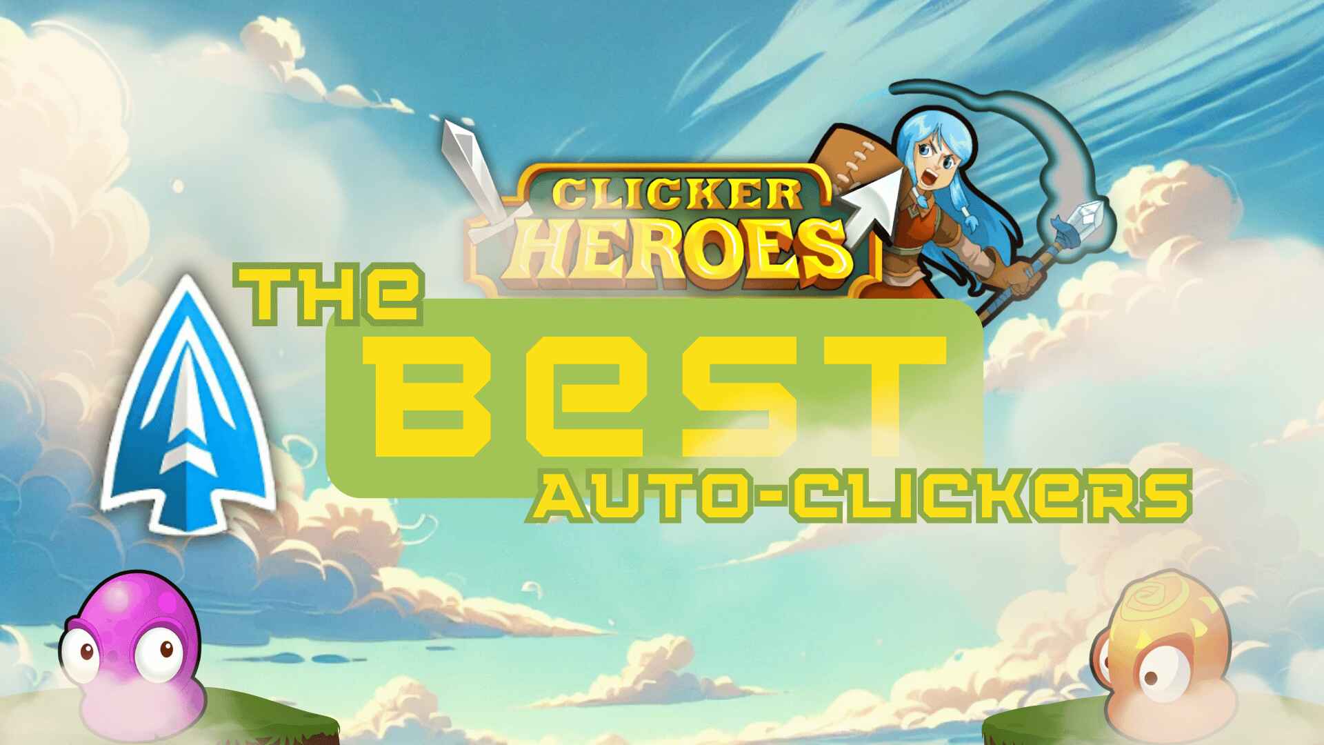 Best Auto-Clickers for Clicker Heroes featuring the game logo, a character with a sword and axe, and a glowing hand tapping a pink creature.