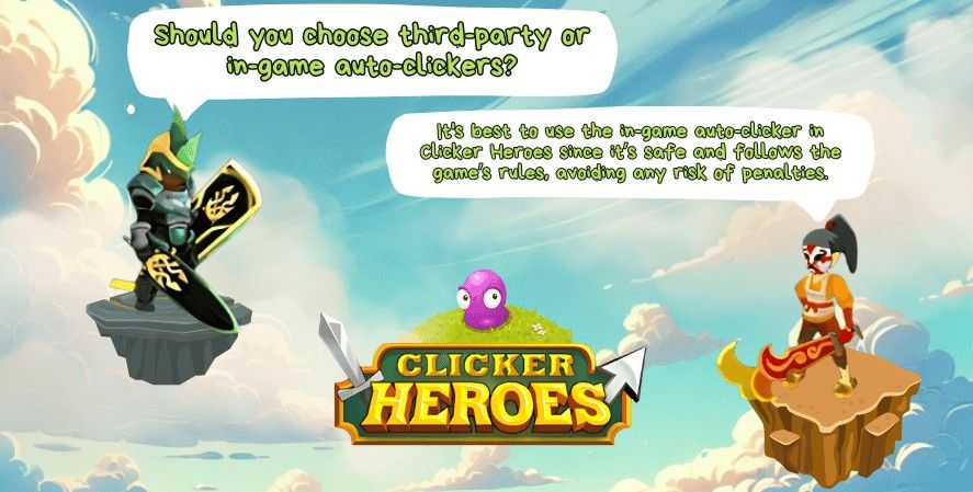 Clicker Heroes characters discussing third-party vs. in-game auto-clickers with a recommendation to use the in-game auto-clicker for safety and compliance.