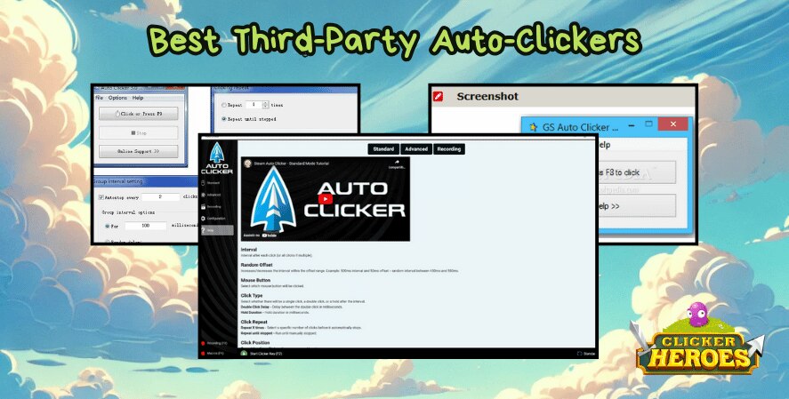 Collage of third-party auto-clicker software interfaces, including Auto Clicker and GS Auto Clicker, with text reading 'Best Third-Party Auto-Clickers' and the Clicker Heroes logo on a bright sky background.