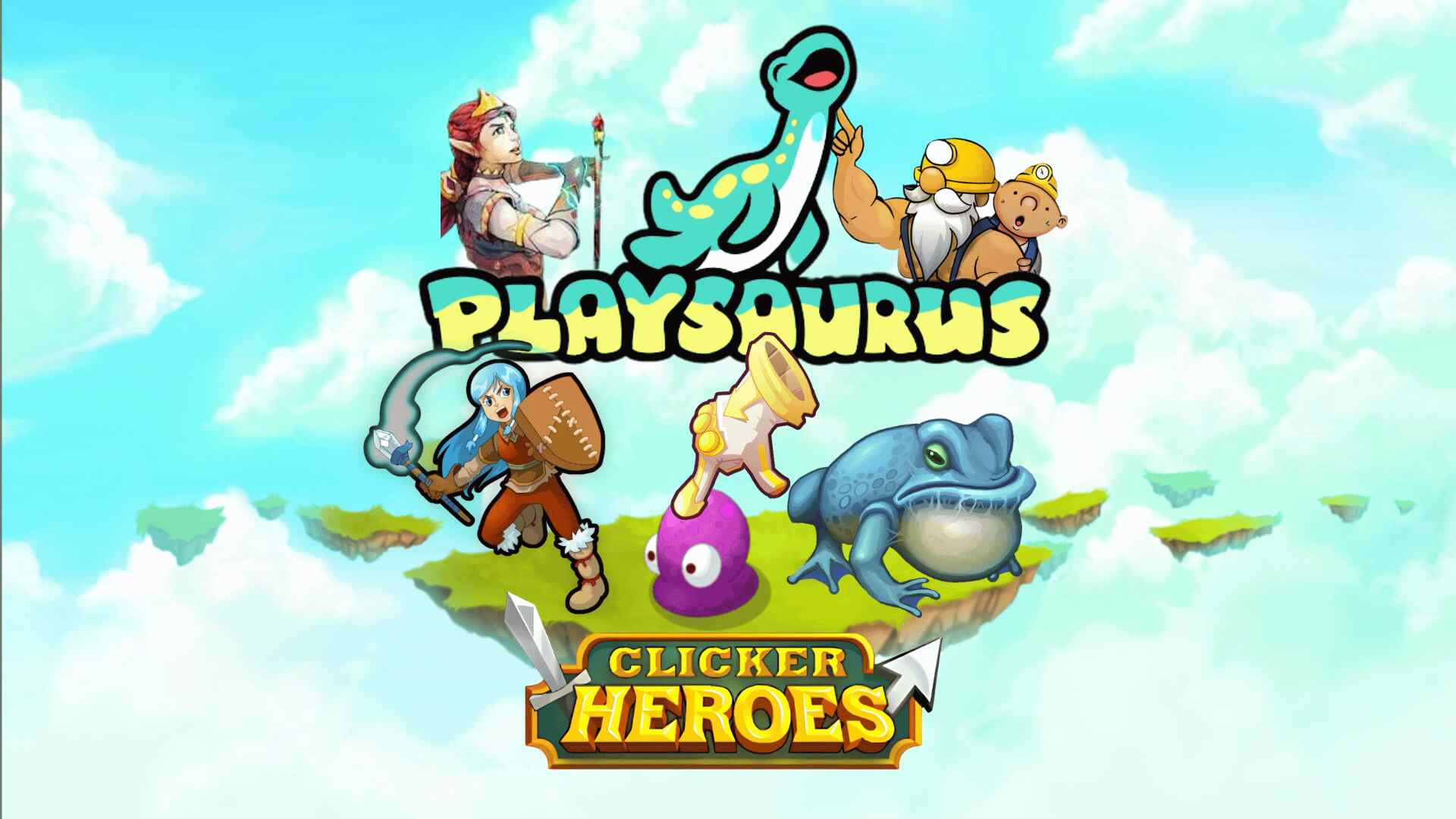 Promotional image for Playsaurus featuring characters and creatures from Clicker Heroes, including a warrior, miner, frog, and other fantasy elements, set against a vibrant sky background with floating islands.