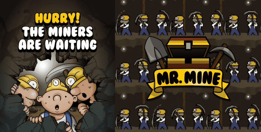 Miners in Mr. Mine Idle with Mr. Mine Idle Logo