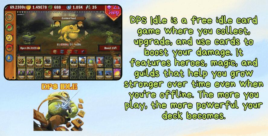 A feature image for DPS Idle, showcasing a battle scene with a large golden toad enemy and a card-based interface. The description explains it as a free idle card game where players collect, upgrade, and use cards to increase damage, featuring offline progression, heroes, magic, and guilds. The game's logo and fantasy-themed visuals appear over a sky-blue background.