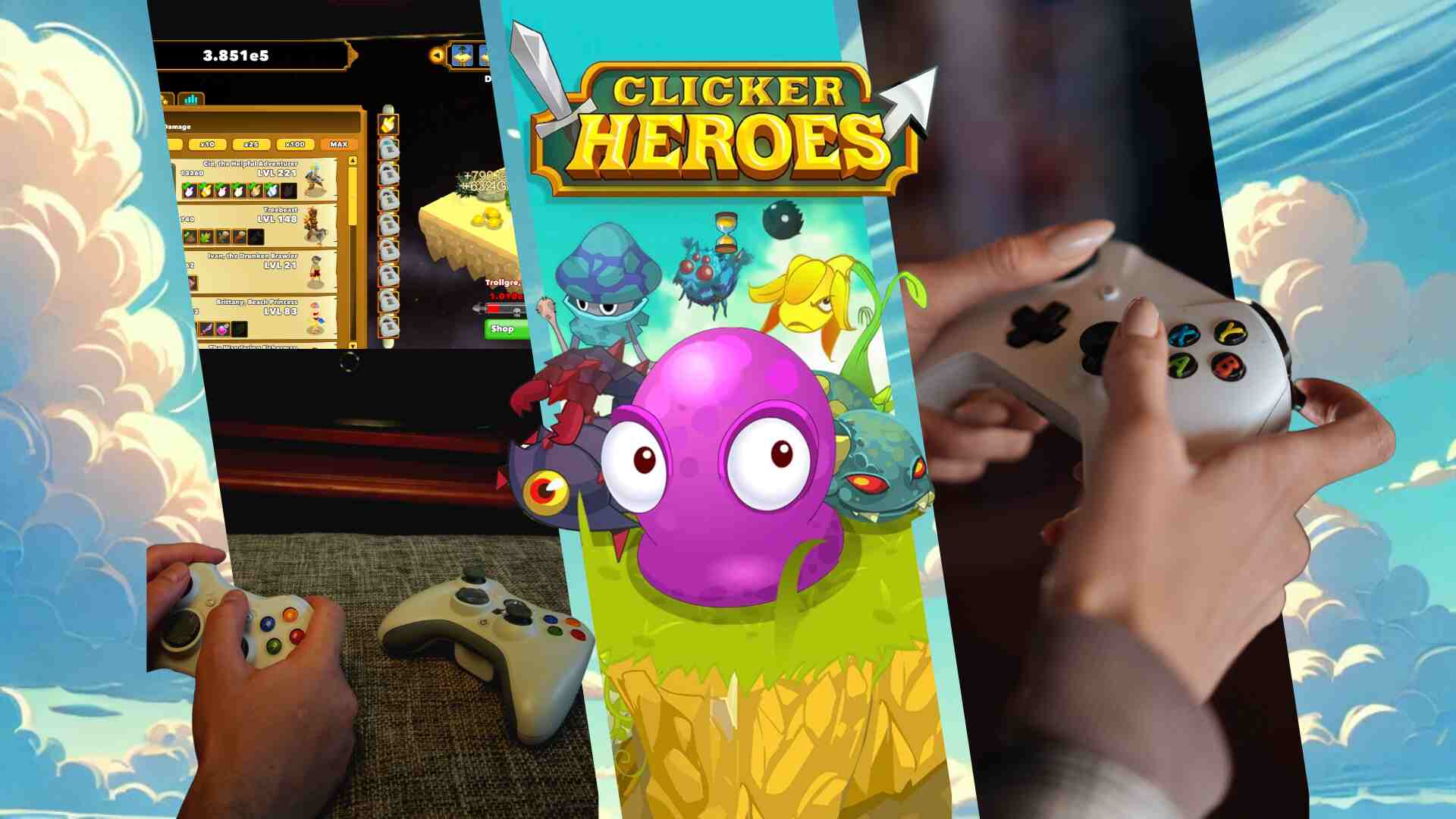 A promotional image for "Best Idle Games on Xbox" featuring the game Clicker Heroes. The design includes stylized game characters, Xbox controllers in players' hands, and gameplay footage in the background, framed by bright cartoon clouds and bold text.