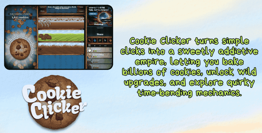 Screenshot of Cookie Clicker gameplay showing a large cookie being clicked with upgrades like grandmas and farms on the side. On the right, bold green text says: “Cookie Clicker turns simple clicks into a sweetly addictive empire, letting you bake billions of cookies, unlock wild upgrades, and explore quirky time-bending mechanics.” The Cookie Clicker logo with a chocolate chip cookie is displayed below.