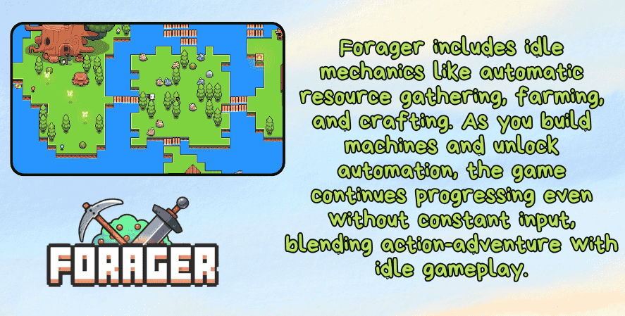 idle clicker games on PlayStation. A featured image for Forager showing its colorful island-based map and pixel-art graphics. The description explains how the game blends action-adventure with idle elements like automated farming, crafting, and machine building. The Forager logo with a pickaxe icon is displayed at the bottom.