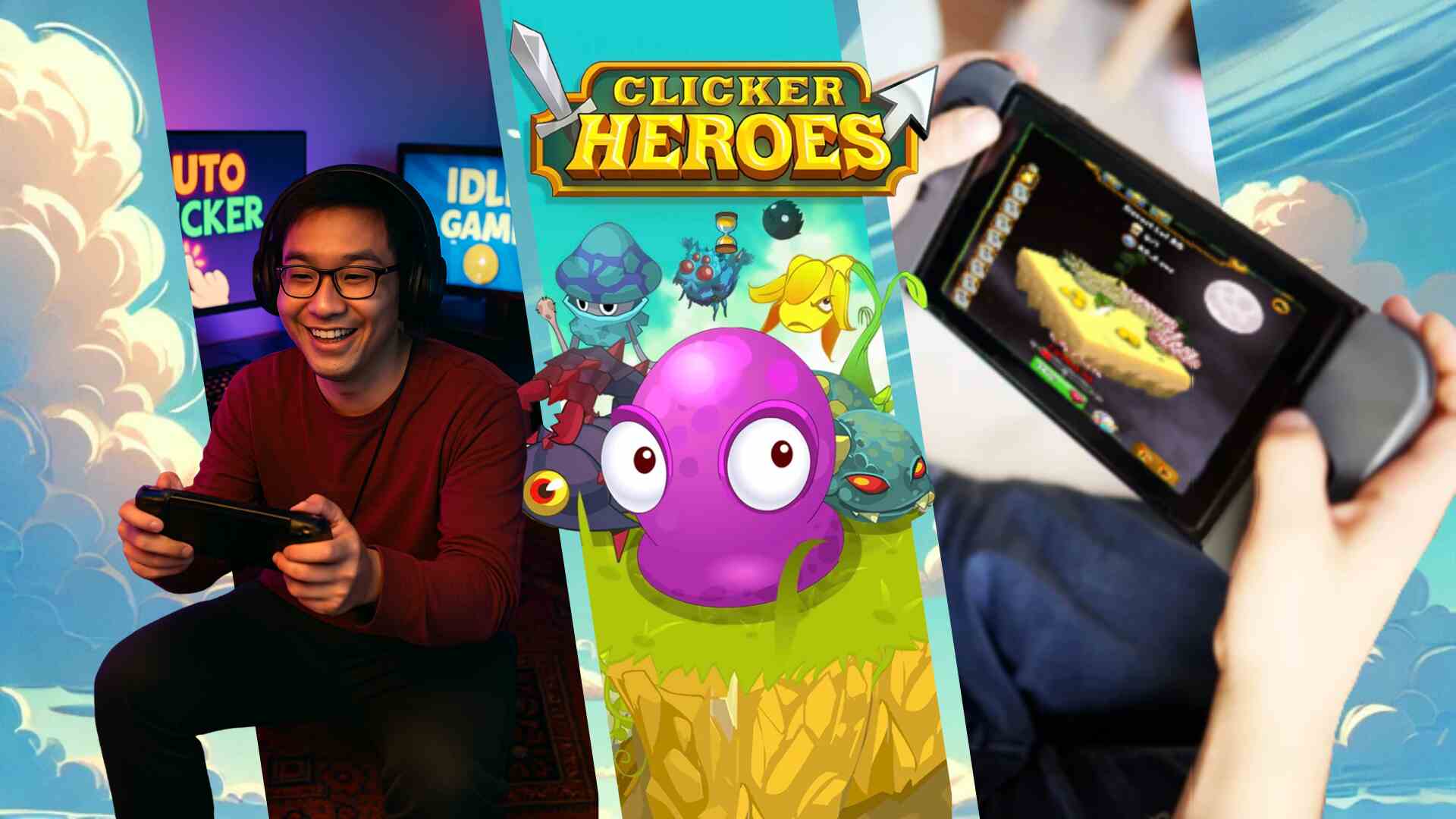A promotional image for idle games features a happy Asian gamer playing on a handheld console with "AUTO CLICKER" and "IDLE GAME" displayed on monitors behind him. In the center, the "Clicker Heroes" game logo is surrounded by colorful cartoon monsters. On the right, another close-up shows the game being played on a handheld device, highlighting its idle gameplay mechanics.