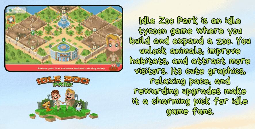 An infographic for Idle Zoo Park shows a colorful zoo layout with habitats and buildings, along with cartoon zookeepers and animals. The text explains it's a tycoon game where you build a zoo, unlock animals, and attract visitors. The game’s cheerful logo appears at the bottom.