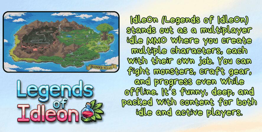 idle clicker games on PlayStation. A feature image for Legends of IdleOn showing a colorful overworld map labeled “Blunder Hills.” The text explains the game’s unique idle MMO mechanics, where players create multiple characters with distinct jobs, engage in combat, craft gear, and progress offline. The game’s playful logo is displayed below.