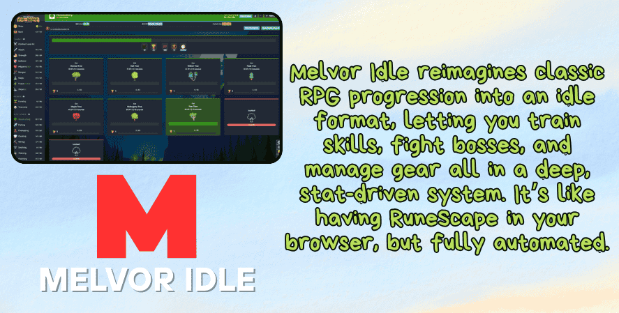 idle clicker games on PlayStation. A promotional image for Melvor Idle showing a skill-based interface with RPG elements. The description highlights its idle gameplay focused on training skills, fighting bosses, and managing stats and gear. The large red “M” logo and the text “Melvor Idle” appear below, all set against a soft sky background.