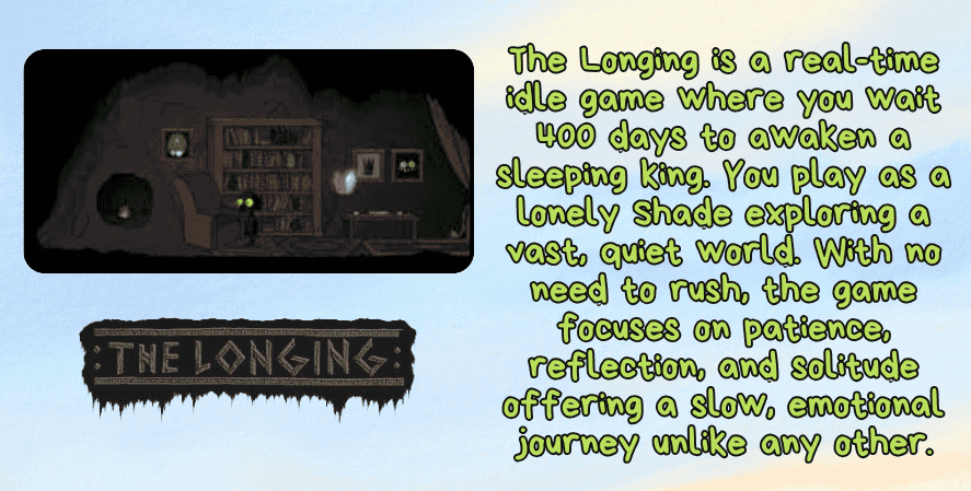 An infographic for The Longing shows a gloomy room with a small black creature, the Shade, standing by a bookshelf. Text explains that it’s a real-time idle game where players wait 400 days to awaken a king, focusing on solitude, patience, and slow emotional exploration. The game’s logo appears at the bottom.