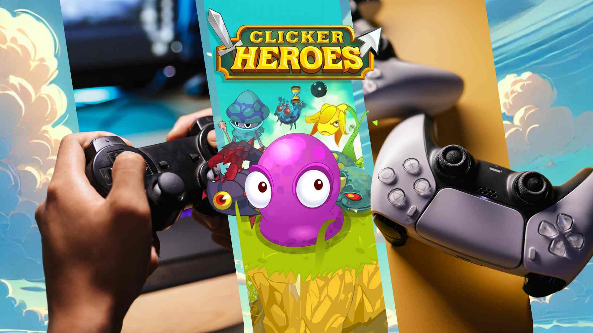 Clicker Heroes game artwork centered between PlayStation controllers, symbolizing idle clicker games on PlayStation consoles.