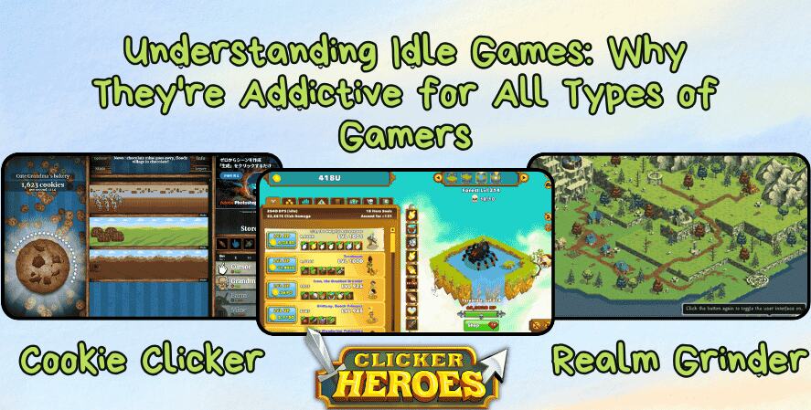An informative banner titled "Understanding Idle Games: Why They're Addictive for All Types of Gamers," featuring screenshots from Cookie Clicker, Clicker Heroes, and Realm Grinder. Each game image showcases gameplay elements like resource counters, character upgrades, and fantasy maps, with playful green text and a light sky-themed background.