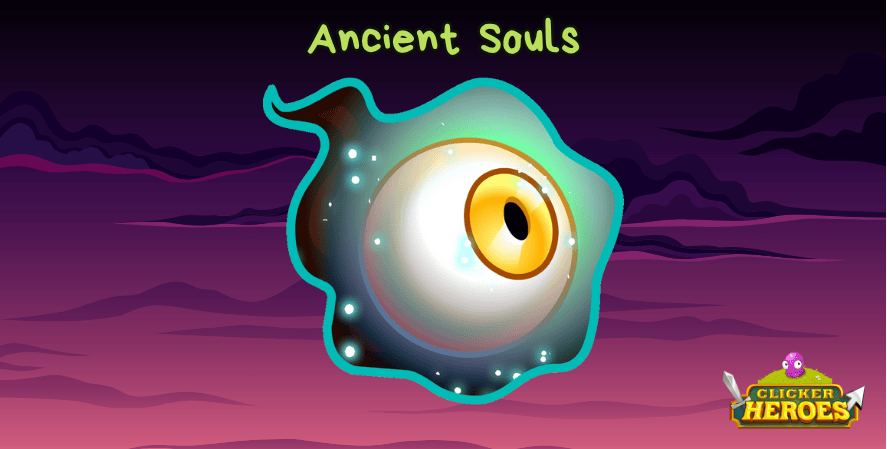 Best Time to Transcend Illustration of an Ancient Soul from Clicker Heroes, depicted as a glowing, ghostly eye surrounded by a teal aura on a dark purple twilight background. The words 'Ancient Souls' appear above, with the Clicker Heroes logo in the bottom right corner.