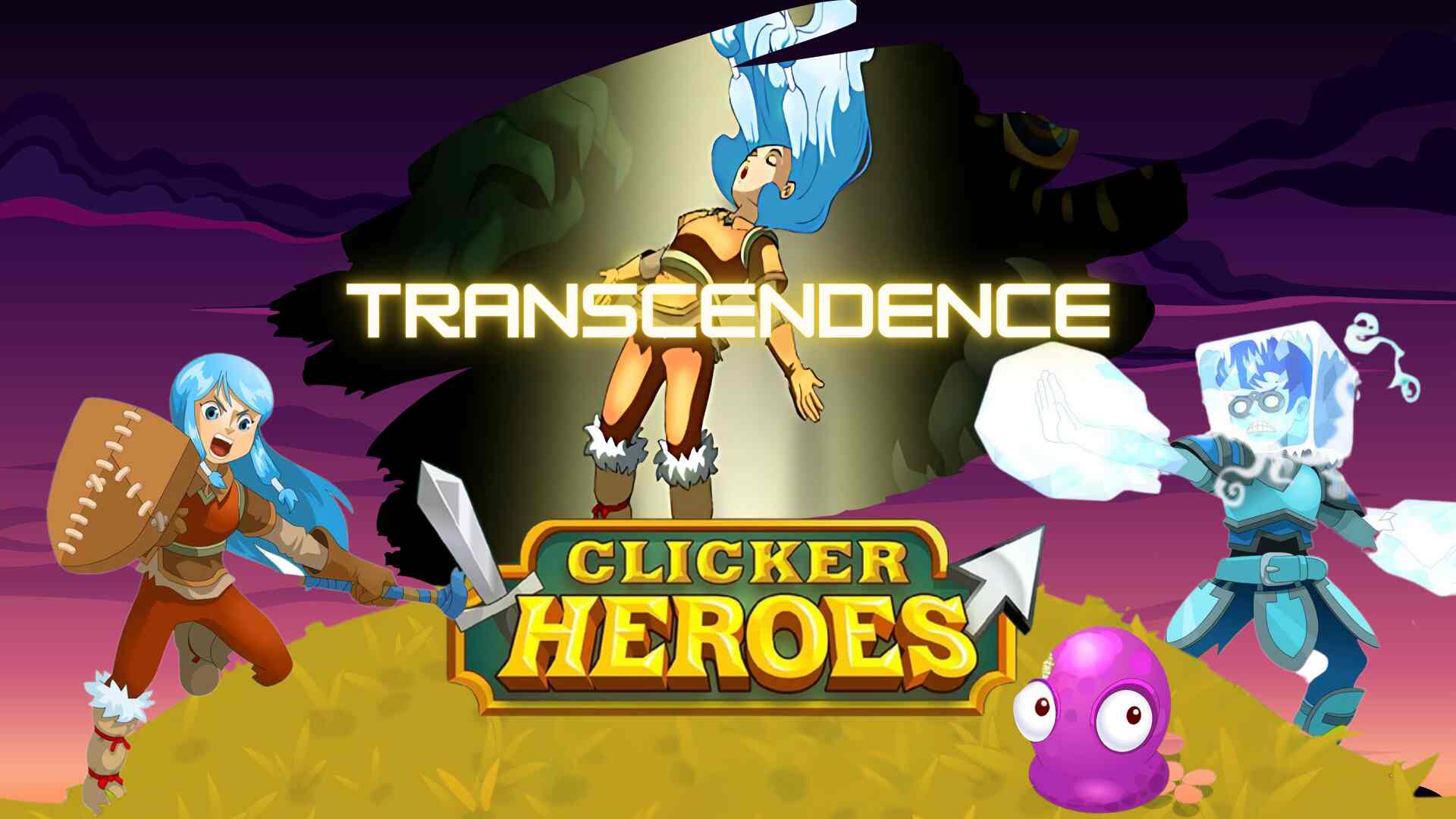 Clicker Heroes game-themed artwork featuring the word 'Transcendence' glowing over a central character ascending with blue hair, flanked by two cartoon heroes—one holding a sword and shield, the other casting ice powers. The Clicker Heroes logo and a purple monster are at the bottom against a colorful twilight sky background.