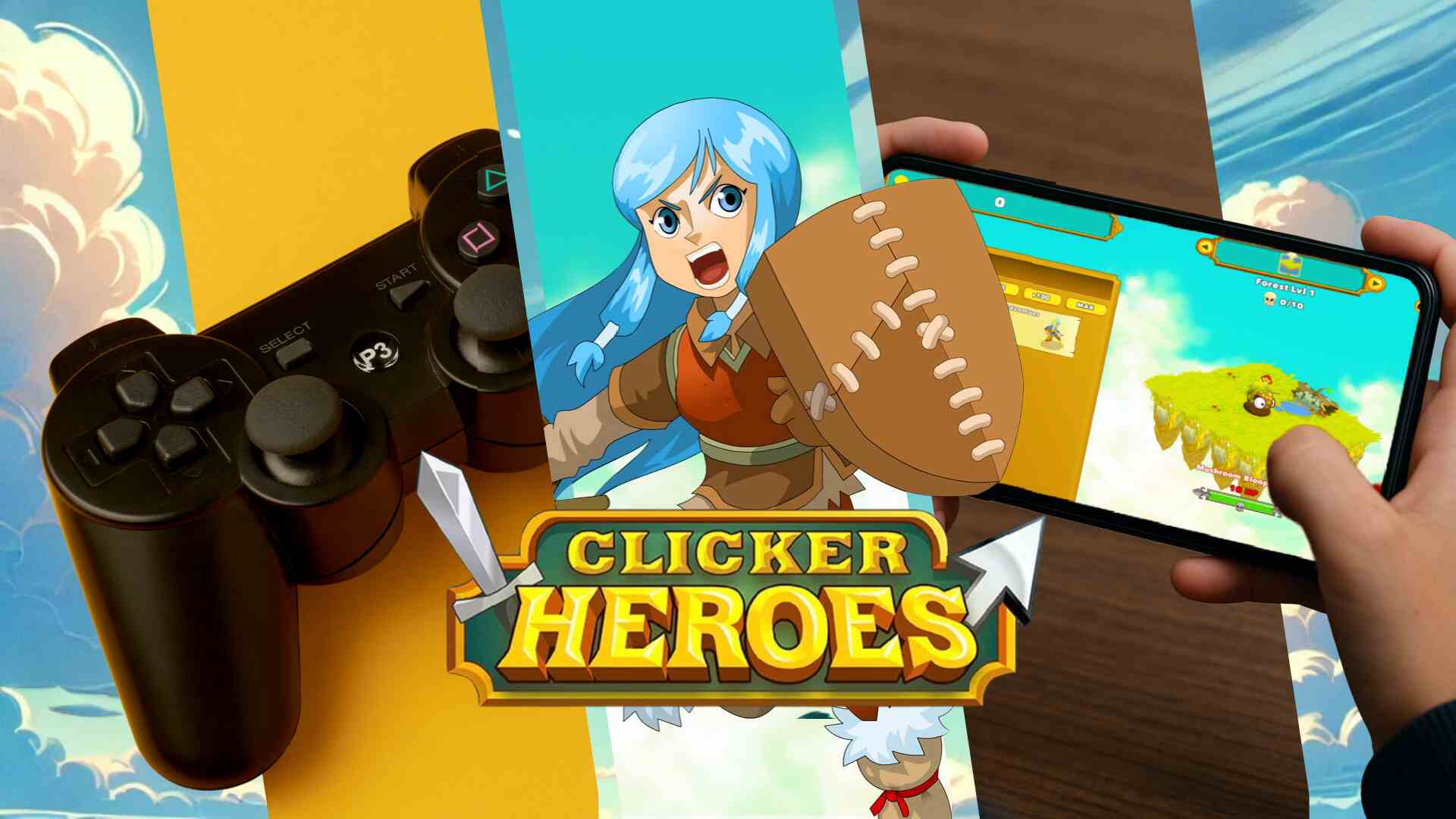 A promotional-style image for Clicker Heroes featuring a mobile gameplay screen with a player's hand tapping, a PlayStation-style controller, and an animated depiction of Cid, the Helpful Adventurer, holding a stitched shield. The game's logo is prominently displayed in the center with a bright, colorful background.