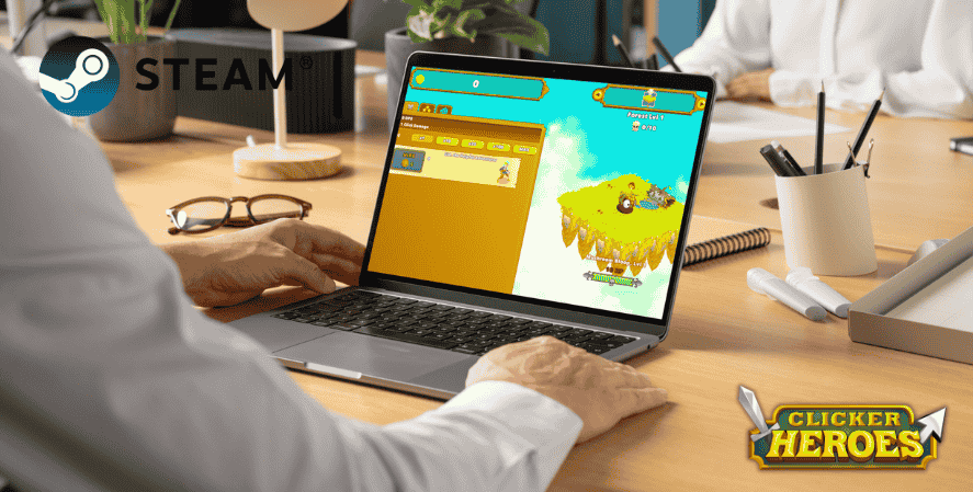 A person playing Clicker Heroes on a laptop in an office setting, with the game interface showing Cid the Helpful Adventurer; Steam and Clicker Heroes logos visible.