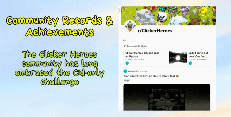 Screenshot of the r/ClickerHeroes subreddit with the title “Community Records & Achievements” and a caption highlighting the Cid-only challenge embraced by the Clicker Heroes community.