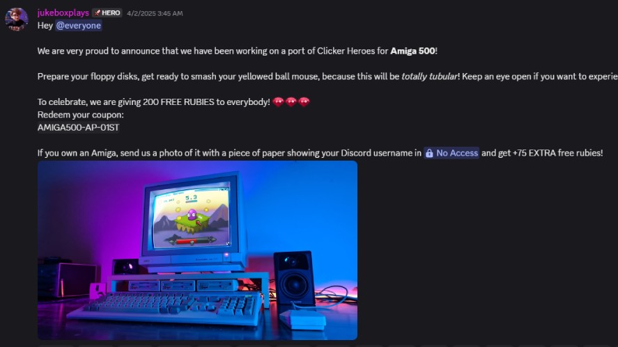 A promo-code for free rubies on Clicker Heroes Discord channel