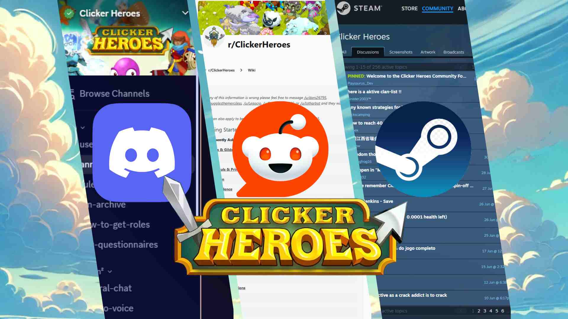 Collage featuring community platforms for Clicker Heroes, including Discord, Reddit, and Steam. The image shows the Clicker Heroes Discord server on the left, the r/ClickerHeroes subreddit in the center, and the Clicker Heroes Steam forum on the right. Prominent platform icons (Discord, Reddit, Steam) are layered over each section, with the Clicker Heroes logo and a sword graphic displayed at the bottom center. The background includes animated sky and clouds for a fantasy game aesthetic.