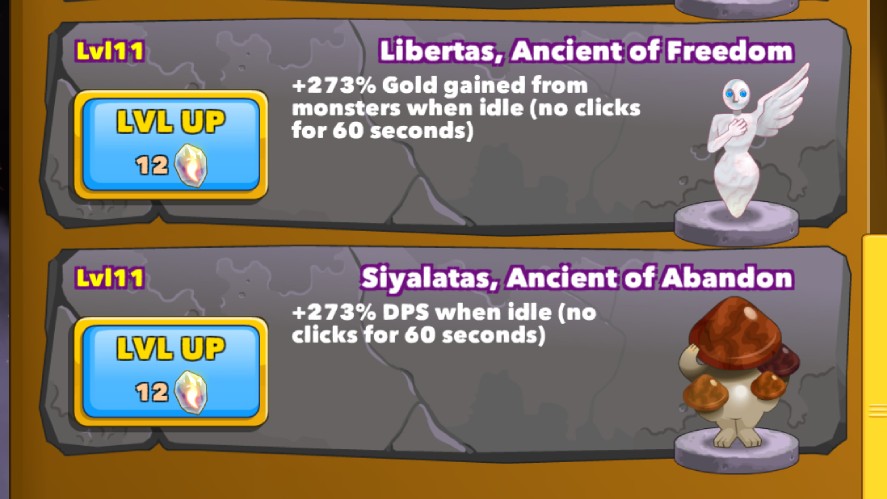 Balancing between DPS and gold by using Libertas and Siyalatas ancients in Clicker Heroes