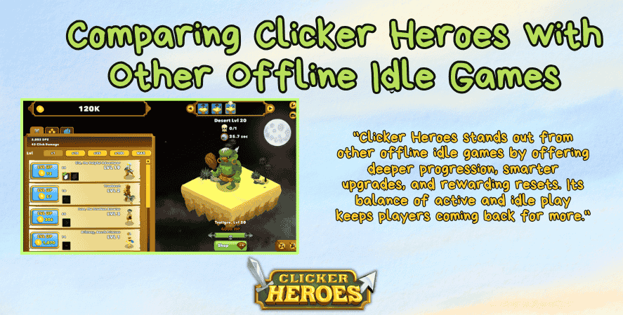 Comparison of Clicker Heroes with other offline idle games, featuring in-game screenshot and a quote highlighting its deeper progression, smarter upgrades, and balanced idle mechanics that keep players engaged.