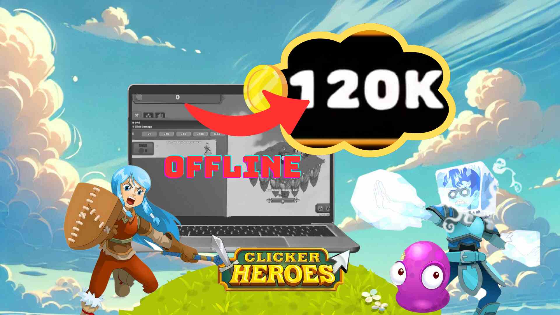 Clicker Heroes offline progress screenshot showing 120K gold earned, with animated characters and a laptop in a cartoon-style background. Highlights the offline idle gameplay mechanic.