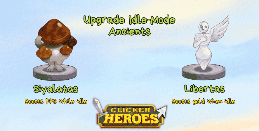 Clicker Heroes image showing two idle-mode Ancients: Siyalatas, which boosts DPS while idle, and Libertas, which boosts gold when idle. Encourages players to upgrade these for better offline progress.