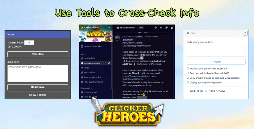 Image showing three popular tools used by the Clicker Heroes community to verify and optimize game strategies. On the left is an Ancient Soul calculator input screen, in the center is a Clicker Heroes Discord channel with game announcements, and on the right is a save file analysis tool with options for build selection (idle, hybrid, active). At the top, the overlay text reads “Use Tools to Cross-Check Info,” and the Clicker Heroes logo appears at the bottom.