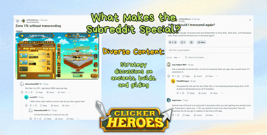 Two Reddit threads from r/ClickerHeroes discussing advanced game strategies. The left thread shows a user reaching Zone 17k without transcending, featuring an in-game screenshot. The right thread asks when to transcend again, with users sharing advice based on Ancient Souls and Outsider distribution. The image includes overlay text such as “What Makes the Subreddit Special?” and “Diverse Content: Strategy discussions on ancients, builds, and gilding,” with the Clicker Heroes logo at the bottom.
