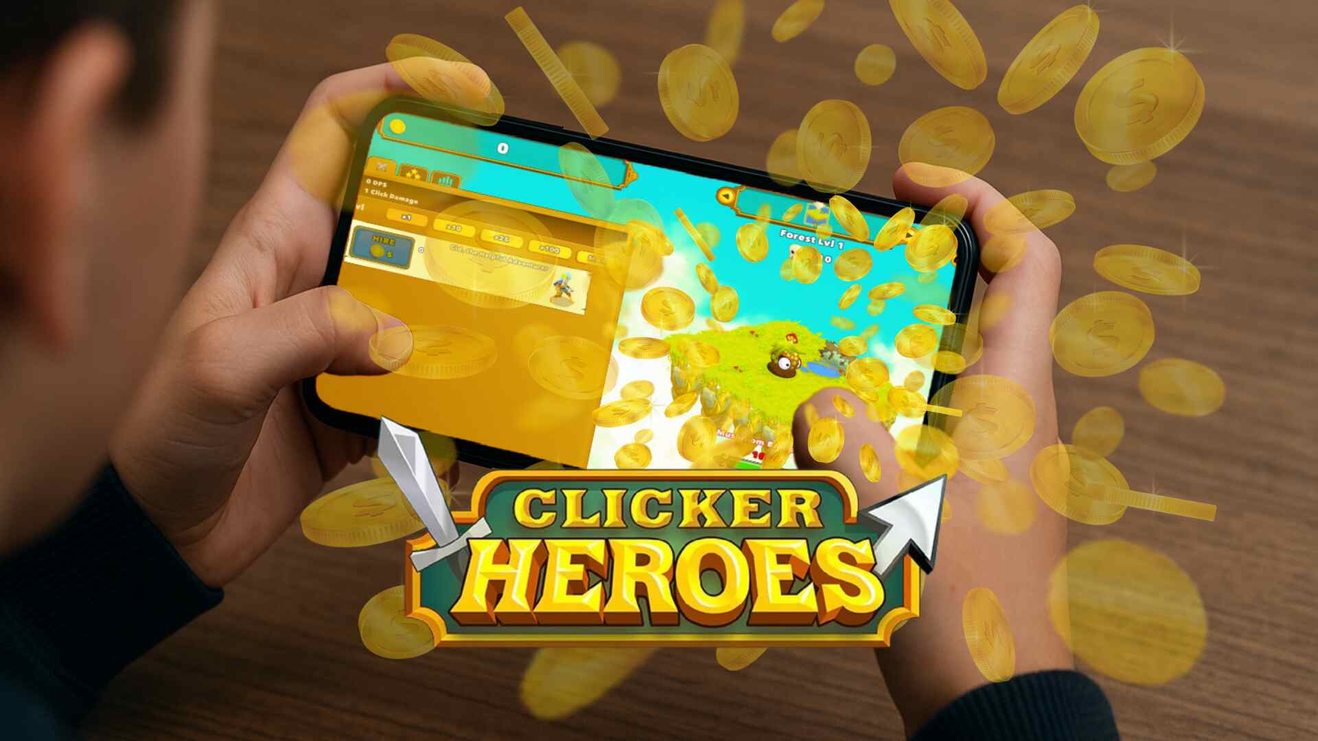 A person playing Clicker Heroes on a mobile device. The screen shows Forest Level 1 with coins falling across the image, emphasizing gold farming. The Clicker Heroes logo is centered at the bottom, reinforcing the game branding.