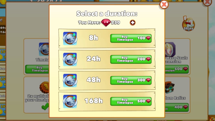 Buying Timelapses in the Ruby Shop in Clicker Heroes