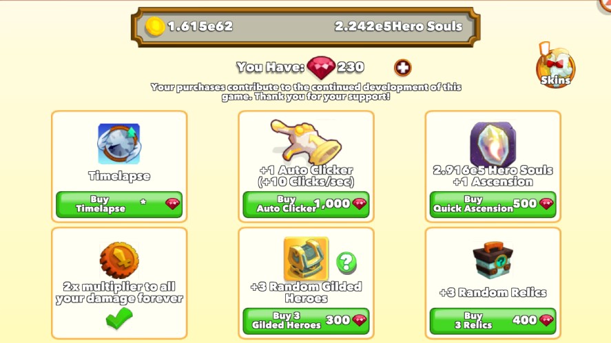 Quick Ascension in the Clicker Heroes ruby shop