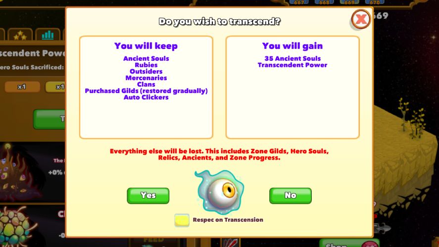 The transcendence pop-up in Clicker Heroes