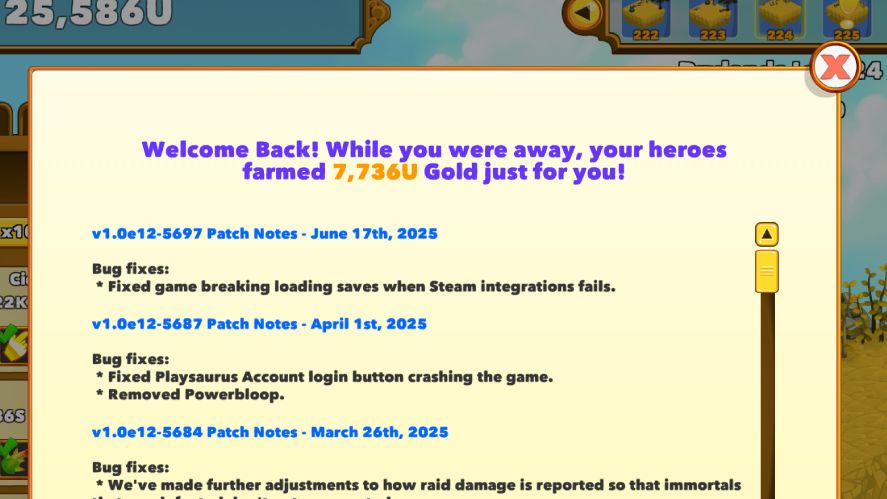 An offline progression pop-up in Clicker Heroes