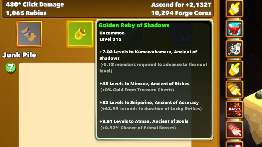 Relic Golden Ruby of Shadows that boosts Kumawakamaru, Mimzee, Sniperino, and Atman Ancients