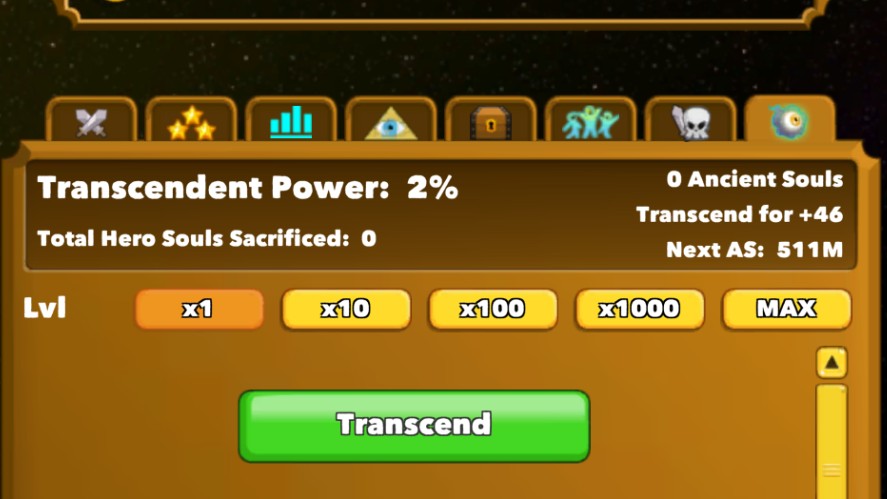 A transcension box with a text "Transcend for +46" Ancient Souls